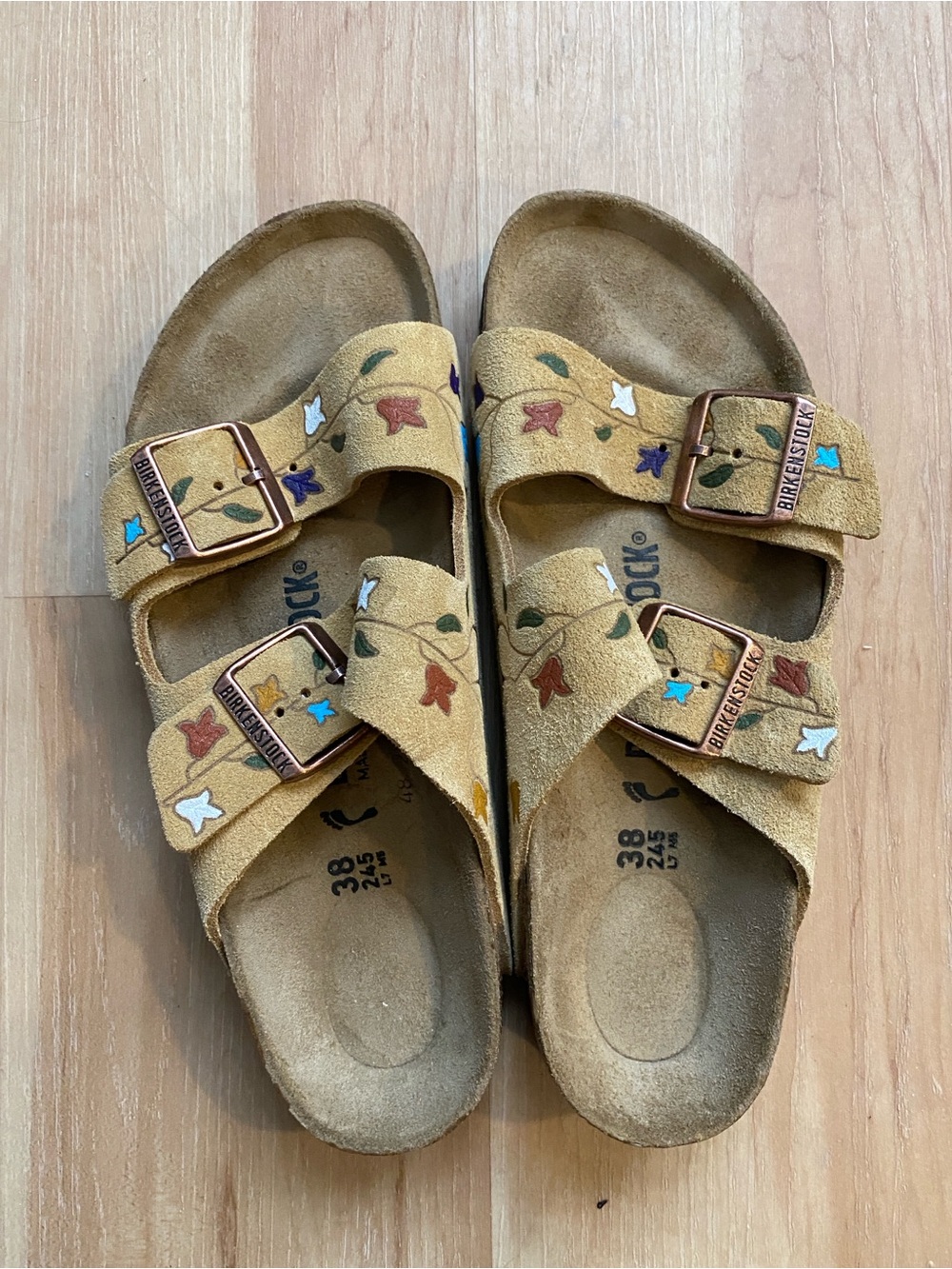 NIB The Great Birkenstock Arizona Suede Sandals w Multicolor Floral Painting 38